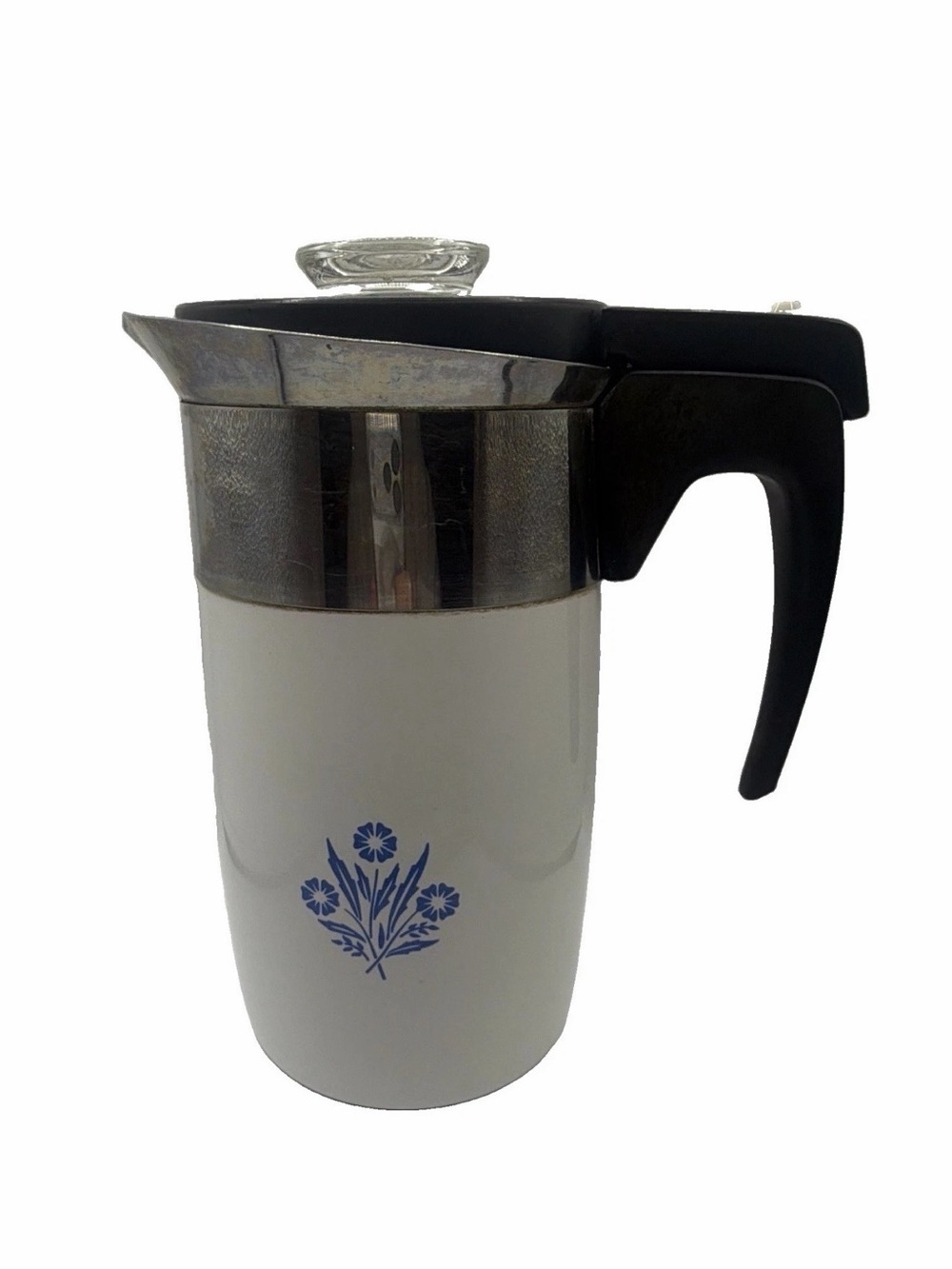 Corningware White Percolator with Blue Floral Design and Black Handle